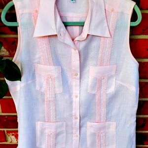 JMP Pale Pink Havana Style 4 Pocket Pintuck Sleeveless Linen Blouse Size XL
